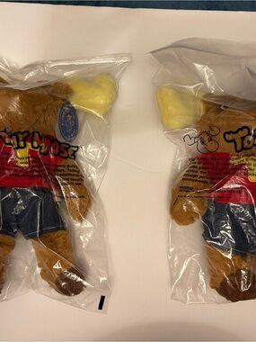 2 Vintage Tomy Moose Plushie Animals w/Tags Red Shirt Blue Shorts 1992 by MJC
